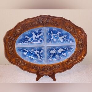 Vtg MCM Treasure Craft Large Blue 4 Section Server